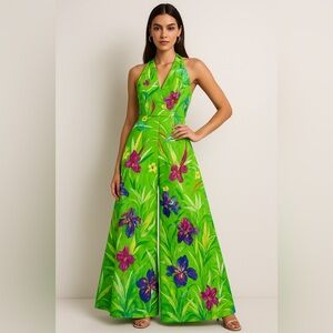 Karen Millen Green Tropical Floral Wide-Leg Jumpsuit – Vibrant Resort